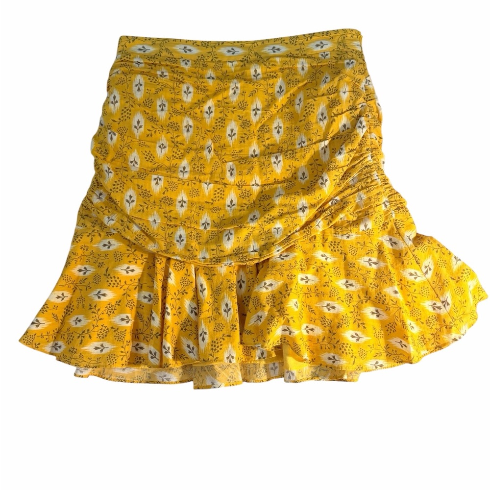 Veronica Beard Ruched Mini Skirt Yellow Floral Ruffle Hem Silk Blend Size 8